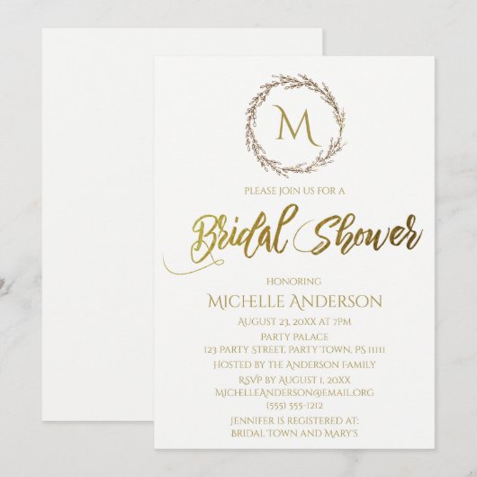 Eenvoudig Goud Wit Monogram Krans Kaart (Voorkant / Achterkant)