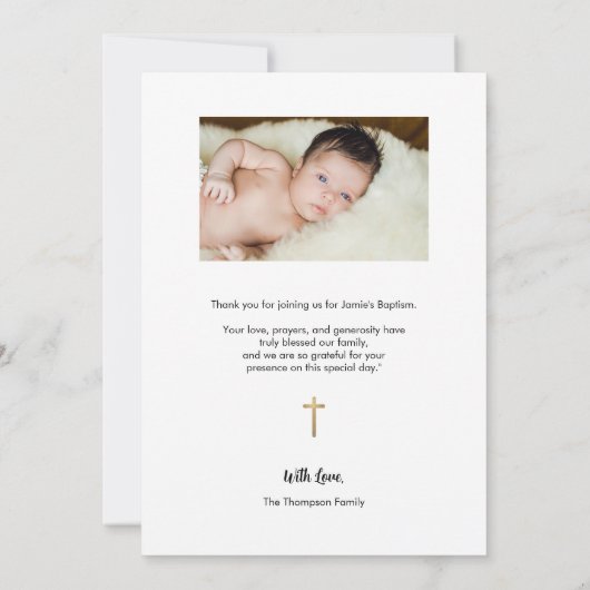 Eenvoudig gouden kruis Custom foto's Gezegend Doop Bedankkaart (Achterkant)