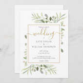 Eenvoudig gouden script groene bladeren bruiloft kaart (Voorkant / Achterkant)