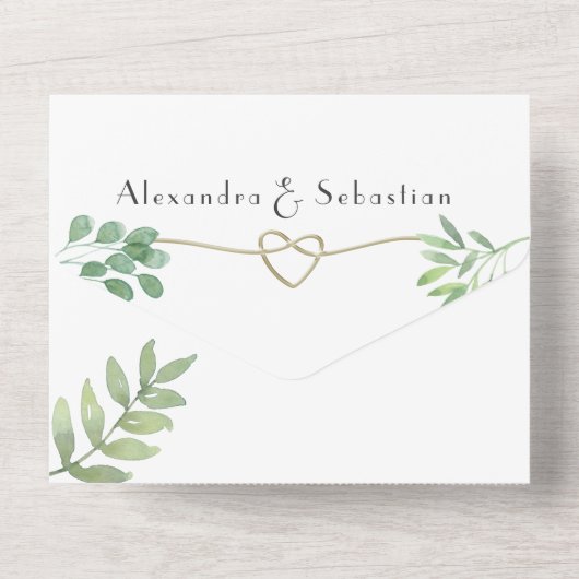 Eenvoudig groen huwelijk all in one uitnodiging (Achterkant)