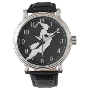Eenvoudig Halloween Wit Heks Silhouet Zwart Horloge