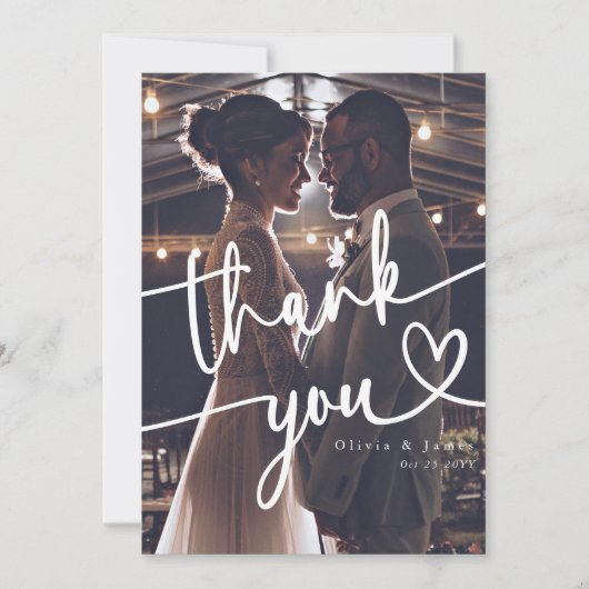 Eenvoudig handgeschreven script hart bruiloft foto bedankkaart (Voorkant)