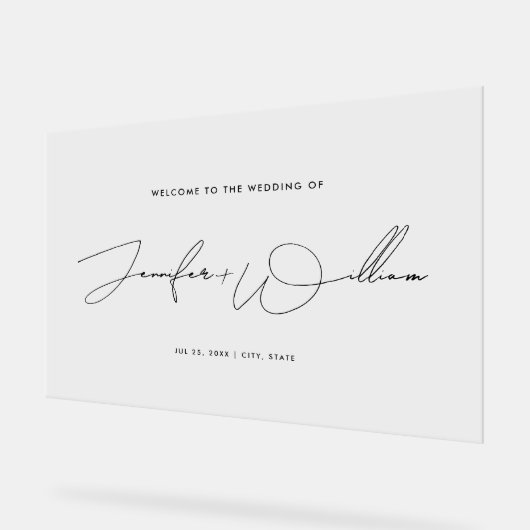 Eenvoudig handschrift script bruiloft welkom zwart acryl bord (Hoek)