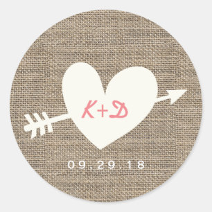 Eenvoudig hart en pijlstaart Rustic Burlap Wedding Ronde Sticker