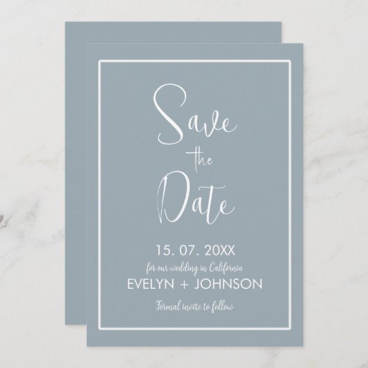 Eenvoudig hemelsblauw & Wit Elegant Minimalist Save The Date (Voorkant / Achterkant)
