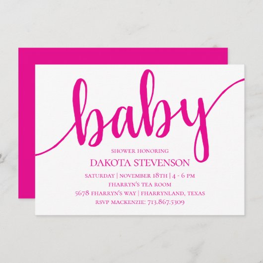 Eenvoudig Hot Pink Script | Bloeiend Baby shower Kaart (Voorkant / Achterkant)