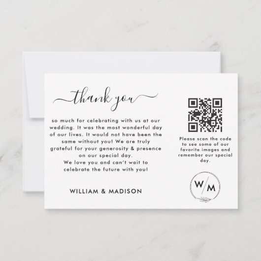 Eenvoudig Huwelijksscript Met Monogram En QR-code Bedankkaart (Achterkant)