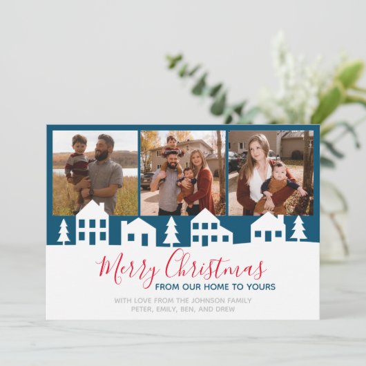 Eenvoudig kerstdorp feestdagenkaart (Staand voorkant)