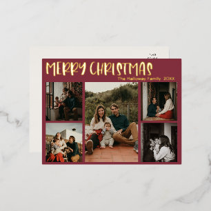 Eenvoudig kerstrood met vijf foto Gold Folie Feestdagen Briefkaart