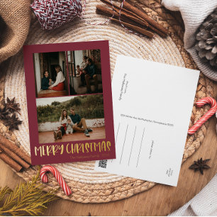Eenvoudig kerstrood - Verticaal 3 Foto Goud Folie Feestdagen Briefkaart