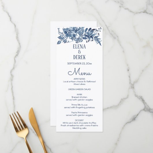 Eenvoudig Klassiek Blauw, White Floral Wedding Men Menu (Voorkant / Achterkant in situ)