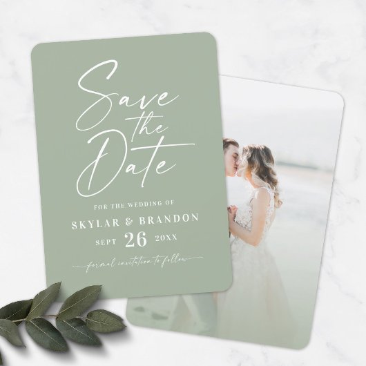 Eenvoudig Leaf Green met Script en Photo Wedding Save The Date