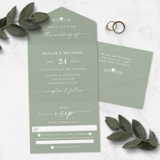 Eenvoudig lef Green Elegant Calligraphy Wedding All In One Uitnodiging