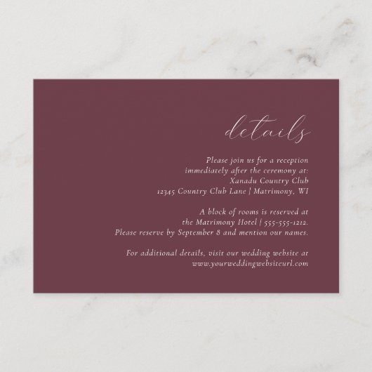 Eenvoudig legant script Bourgogne Weddenschap Deta Informatiekaartje (Voorkant)