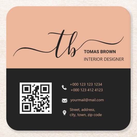 Eenvoudig Letter-Initiaal Monogram | Perzik en zwa Vierkante Kartonnen Onderzetter (Voorkant)