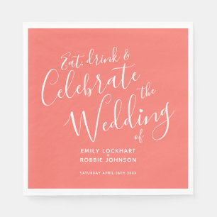 Eenvoudig levend koraal en witbruiloft servetten