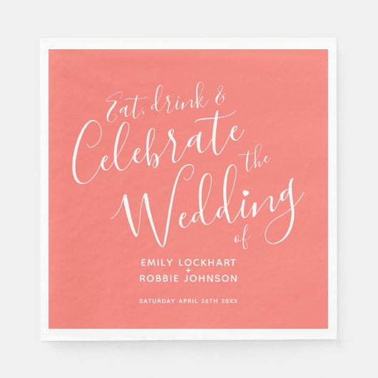 Eenvoudig levend koraal en witbruiloft servetten (Voorkant)