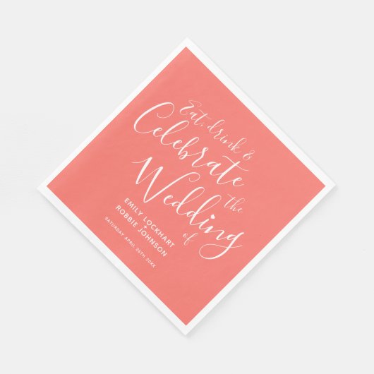 Eenvoudig levend koraal en witbruiloft servetten (Hoek)