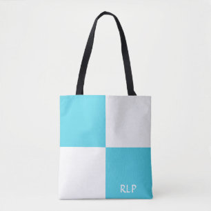Eenvoudig lichtblauw en wit vierkant monogram tote bag