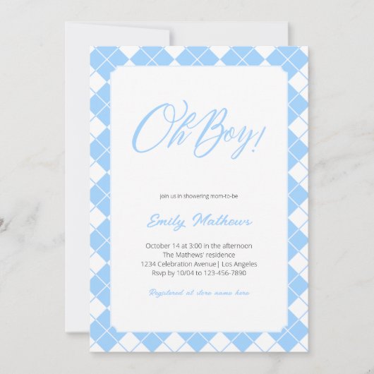 Eenvoudig Lichtblauw Gingham Plaid Boy Baby shower Kaart (Voorkant)