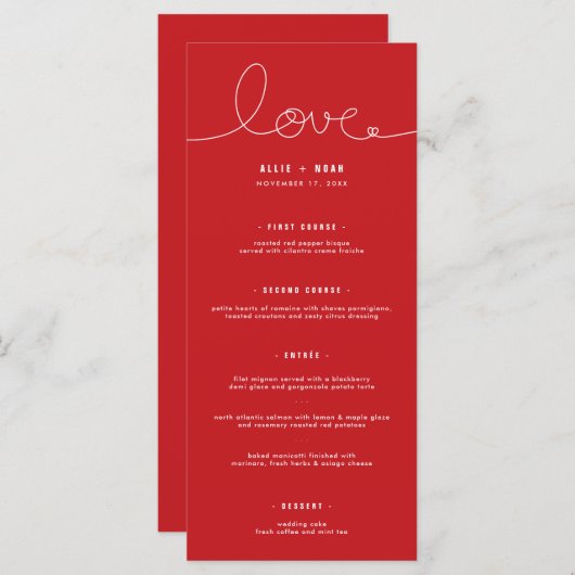 Eenvoudig liefdeshart op rood minimalistisch huwel menu (Voorkant / Achterkant)