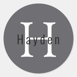 Eenvoudig mannelijk grijs Monogram Naam + Initiaal Ronde Sticker
