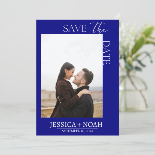 Eenvoudig marineblauw Bewaar de datum bruiloft uit Kaart (Staand voorkant)