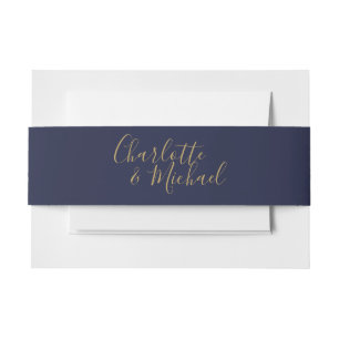 Eenvoudig marineblauw en gouden handtekening scrip uitnodigingen wikkel