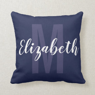Eenvoudig marineblauw wit handschrift monogram kussen