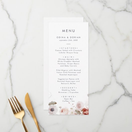 Eenvoudig menu Floral Weddenschap (Voorkant / Achterkant in situ)