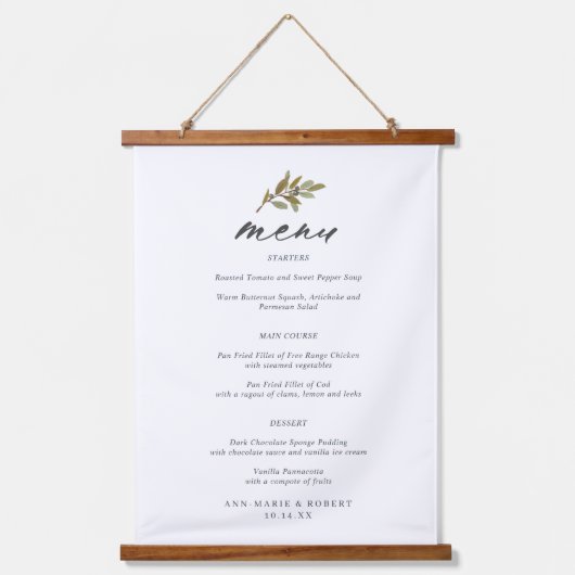 Eenvoudig menu Rustic Olive Wedding Hangend Wandkleed (Voorkant)