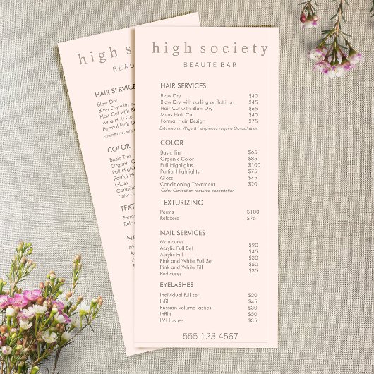 Eenvoudig menu van de Blush Pink-prijslijst