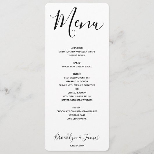 Eenvoudig menu Witte bruiloften in script (Voorkant)