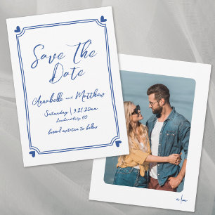 Eenvoudig met de hand getekende foto blauwe whimsi save the date
