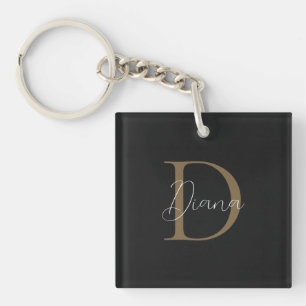 Eenvoudig Midnight Black Mossy Gold Script Monogra Sleutelhanger