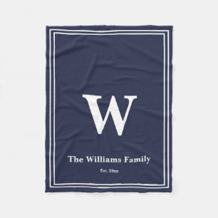 Eenvoudig Midnight Blue White Monogram & naam Fleece Deken
