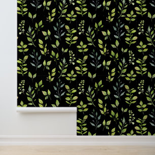 Eenvoudig Minimaal Groen Blauw Blad Patroon op Zwa Behang