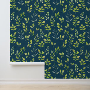 Eenvoudig Minimaal Groen Blauw Bladpatroon op Blau Behang