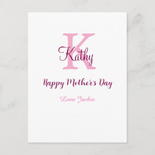 eenvoudig minimaal moedersdag monogram roze naam t briefkaart