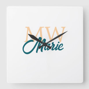 eenvoudig minimaal naam monogram oranje blauw vet vierkante klok