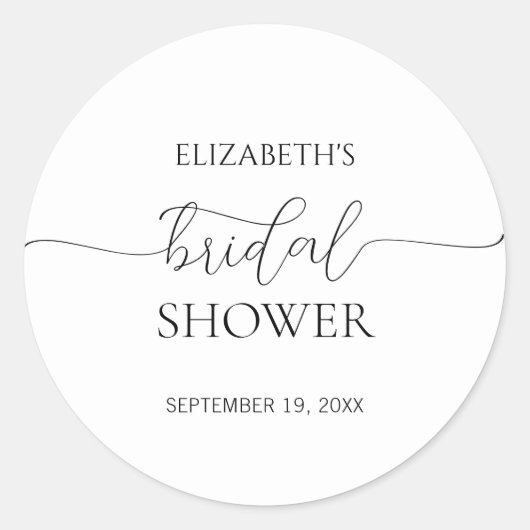Eenvoudig Minimaal Script Zwart & Wit Bruidsdouche Ronde Sticker (Voorkant)