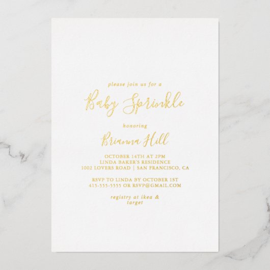 Eenvoudig minimalistisch Baby Sprinkle Gold Folie Uitnodiging (Voorkant)