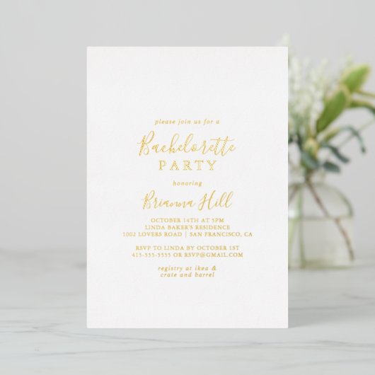 Eenvoudig minimalistisch Bachelorette Party Gold Folie Uitnodiging (Staand Voorkant)