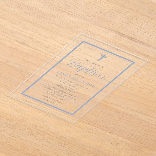 Eenvoudig minimalistisch blauw jongetje acryl uitnodigingen (Laagn)