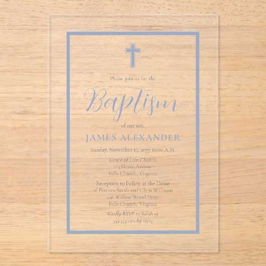 Eenvoudig minimalistisch blauw jongetje acryl uitnodigingen (Voorkant)