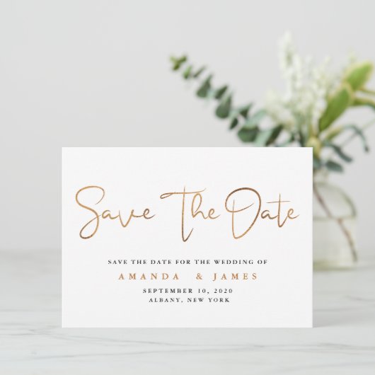 Eenvoudig minimalistisch Cooper Gold-script Save The Date (Staand voorkant)