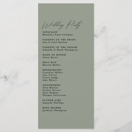 Eenvoudig minimalistisch Groen Sage Wedding Progra Programma (Achterkant)