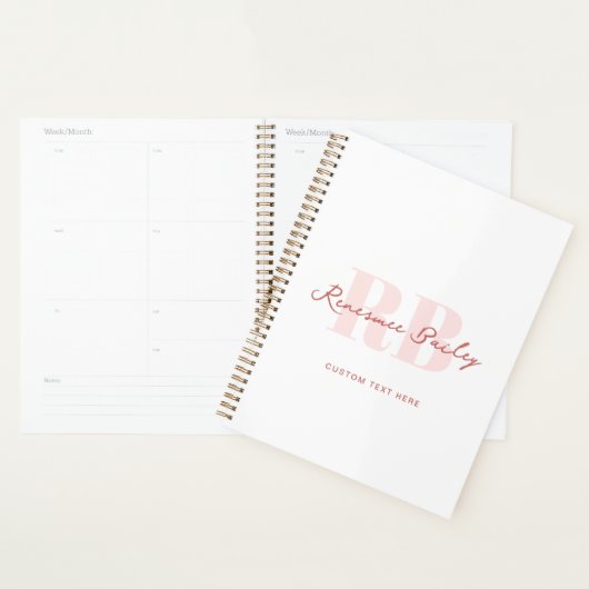 Eenvoudig minimalistisch roze en wit monogram planner (Display)