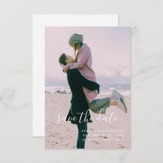 Eenvoudig Minimalistisch script en foto Save The Date (Voorkant / Achterkant)