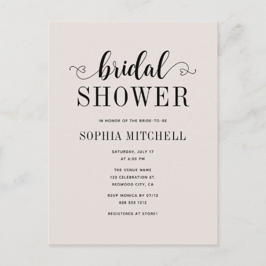 Eenvoudig Minimalistisch Script Hart Bruidsfeest Briefkaart (Voorkant)